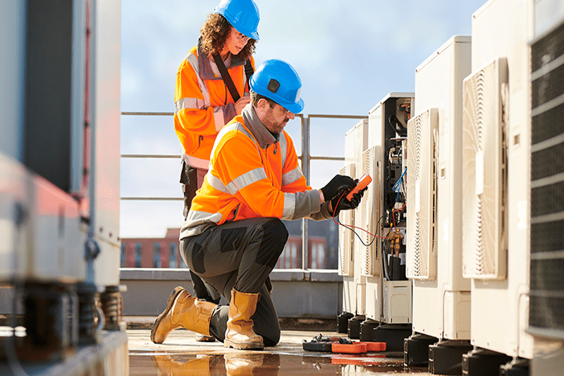Energy Efficiency in Commercial Buildings. Image shows two HVAC professionals working on a commercial Air Conditioning unit.